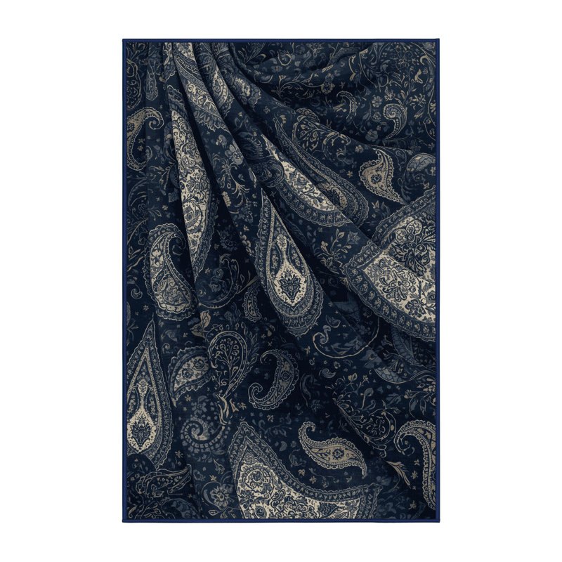 Tapis motif cachemire bohémien gris lavable à la machine - reliure bleu marine, 7 x 9