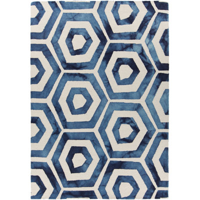 Elvo Wool Geometric Area Rug in Blue/Beige