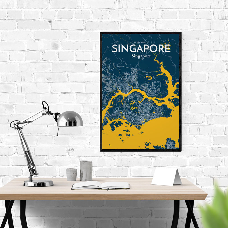Carte de la ville de Singapour, impression, Bleu / jaune, H 36 po x l 24 po