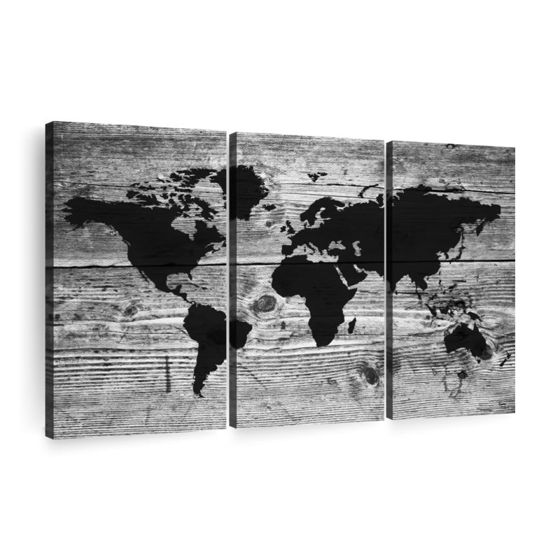 Carte du monde en bois I, reproduction sur toile, H 74 po x l 48 po x P 1,25 po