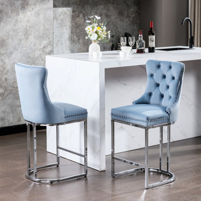 2 tabourets de bar de 25 po de hauteur comptoir, 2, velours avec dossier à boutons et garniture de rivets, base en métal pour tabourets (de 2), base chromée moderne, cuisine