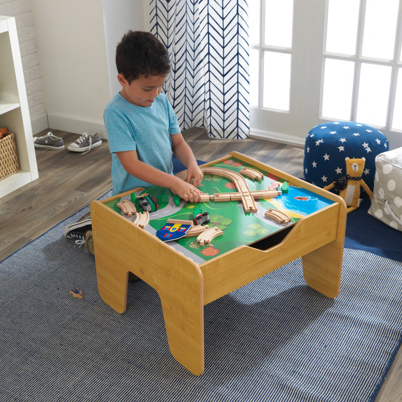 2-in-1 Wooden Activity Table with Board, Train Set and 195 Bricks, Natural