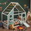 Lit plateforme cabane en bois bleu double certifié CPC avec glissade, guirlande lumineuse et panneau de protection avant, lit de chambre d'enfant en forme de maison de jeux-1668191690