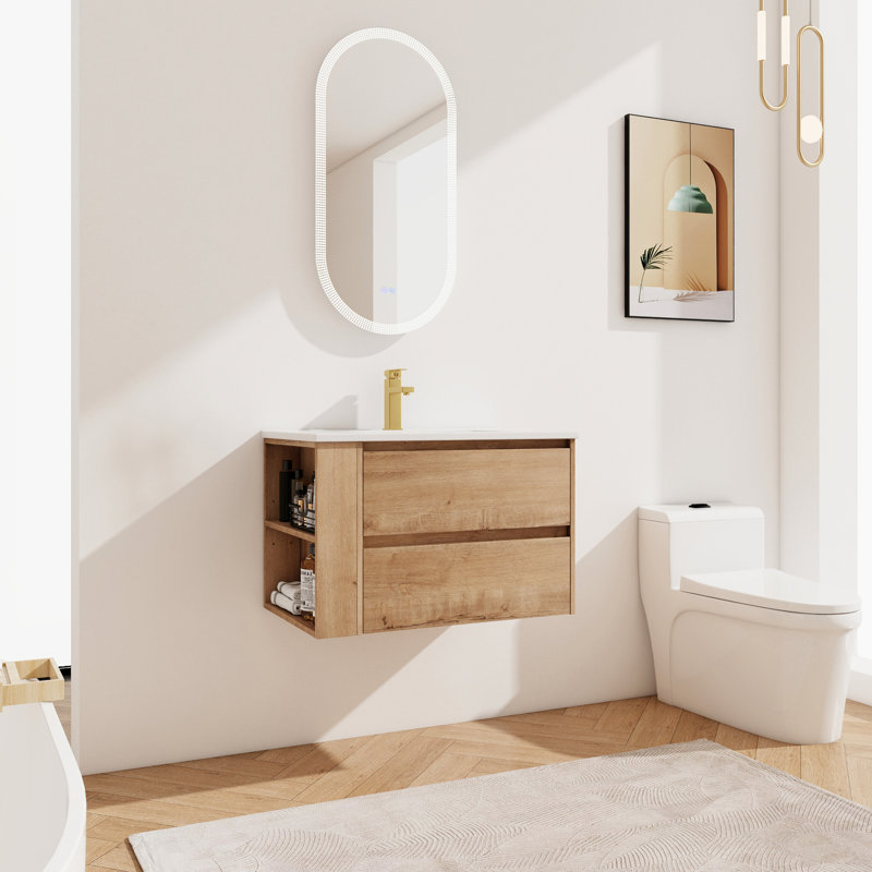 Meuble-lavabo moderne en céramique avec 2 tiroirs, élégant, imitation chêne