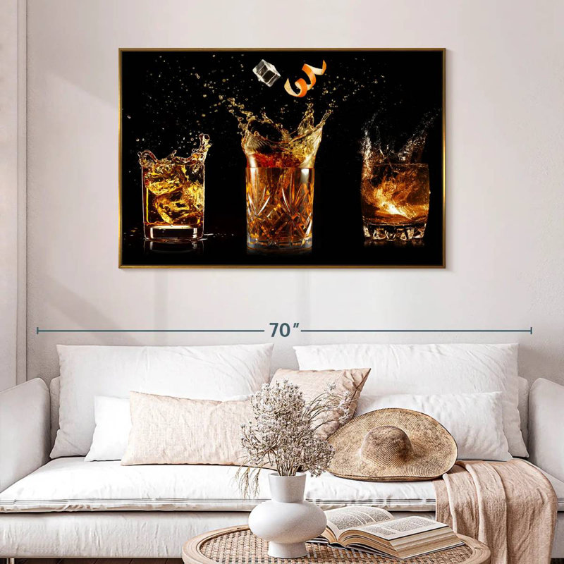 Verre à whisky éclaboussant, 46 po x 31 po, Cadre flottant doré