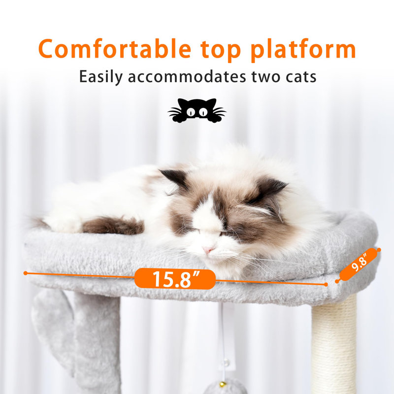 Arbre à chat, tour de 39,4 pouces avec poteau à griffer, tour pour chats d'intérieur, poteau en sisal entièrement enveloppé, plateforme souple, 2 paniers et jouet suspendu, gris clair