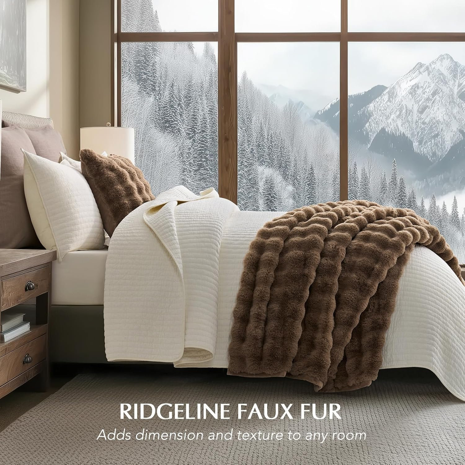 Ridgeline Faux Fur Throw Blanket, Natural Tan, 90" L x 90" W
