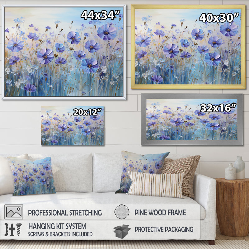 «Cornflowers Serenity Flowers Field I», reproduction sur toile, Cadre doré simple, H 24 po x l 32 po x P 0,5 po