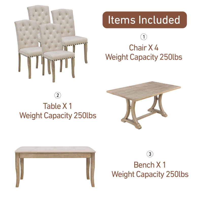 6 - Person Trestle Dining Set, Natural Wood Wash, Natural Wood Wash, Beige/Natural Wood Wash