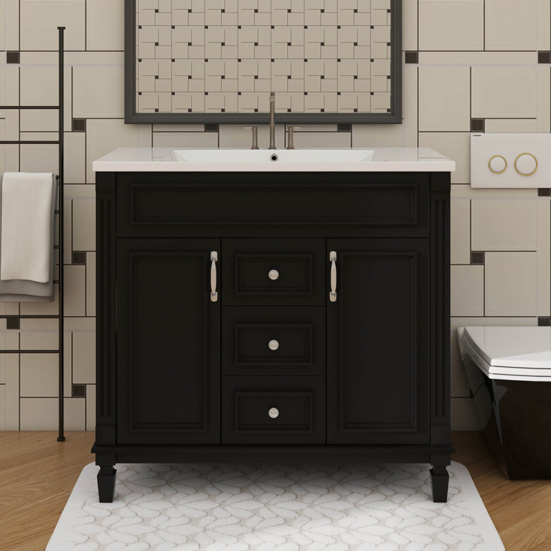 Meuble-lavabo sur pied 36 po avec lavabo intégré, armoire avec 2 portes et tiroirs à fermeture en douceur, Noir