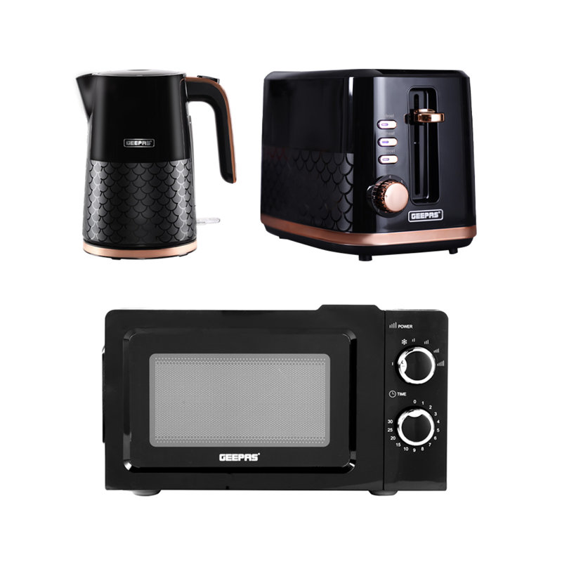 GEEPAS 700W Solo Manual Microwave, 1.7L Electric Kettle & 2 Slice Bread Toaster Kitchen Set 3000W Rapid Boil Cordless Jug Kettle 7 Browning Levels 20L Solo Microwave Oven, Black