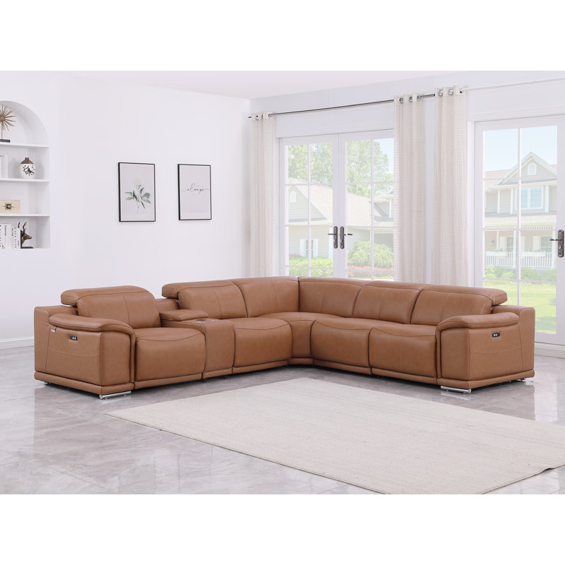 Crasia 123 '' Wide Genuine Top Grain Italian Leather Symmetrical Modular Seating Component, Cognac Genuine Leather