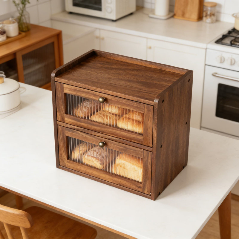 Double Layer Bread Box With Acrylic Window, Wooden Countertop Bread Storage Container With Ventilation For Freshness, Large Capacity Rustic Kitchen Organizer