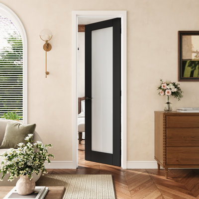 24" X 80" 1-Lite Black Frosted Glass Interior Prehung Door With Black Hinges, Privacy Glass Door Slab With Frame, Sound-Dampening & Waterproof, Suit For Laundry, Closet Doors, Room Doors, Right Hand
