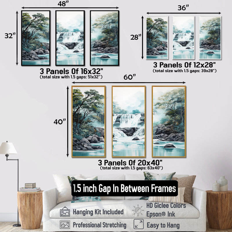 «Waterfall Cliff Scenery Magic II - Waterfall», ensemble d'art mural sur toile, Cadre flottant noir