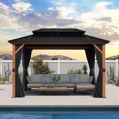 PURPLE LEAF 8' X 12' Hardtop Gazebo Outdoor Wood Grain Aluminum Frame Galvanized Steel Double Roof Gazebos with Netting and Curtains for Patio Deck Backyard Garden