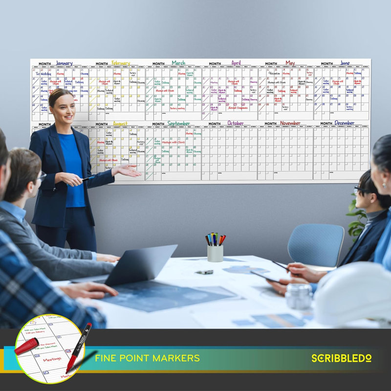 Extra Large 100"x36" White Board Calendar Dry Erase Calendar For Wall 12 Month 