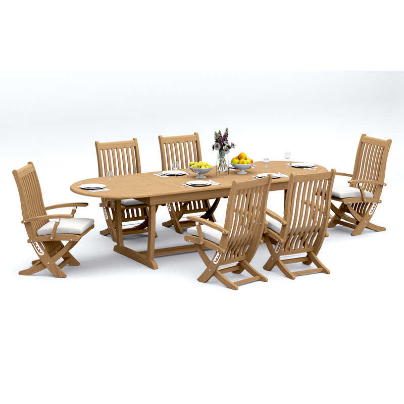 7 Pcs Grade-A Teak Wood Dining Set: 118" Double Extension Mas Oval Trestle Leg Table And 6 Warwick Reclining Arm Chairs #11Wa2706