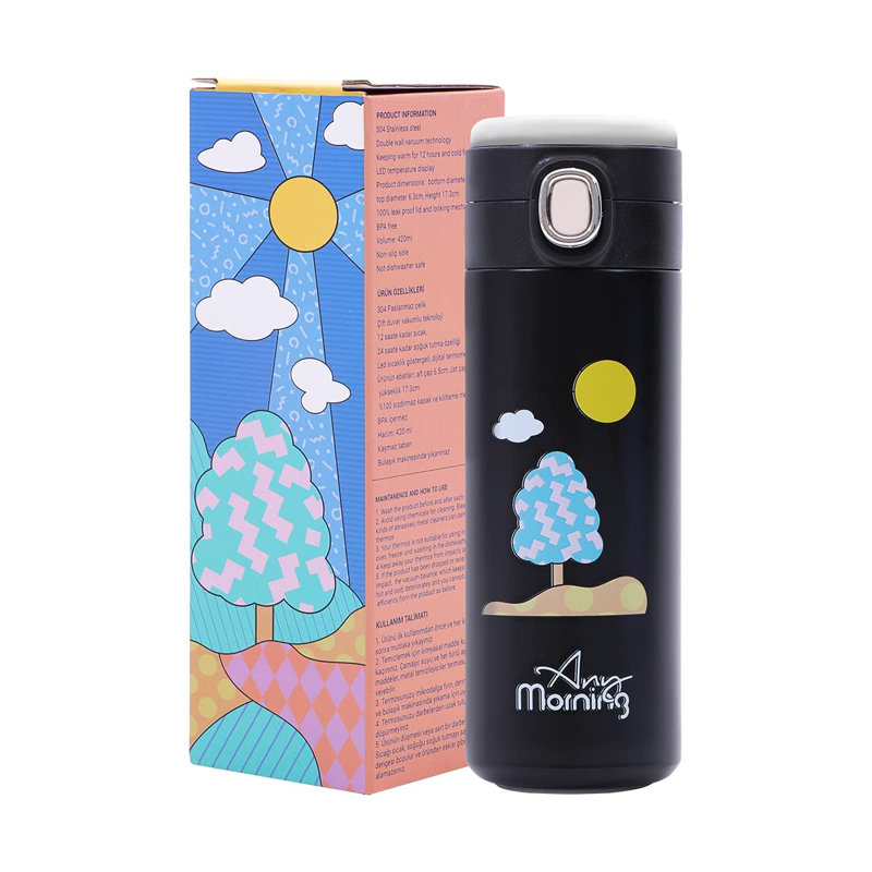 Thermos isolé sous vide en acier inoxydable 420 ml avec affichage de la température à DEL, double paroi, couvercle à vis étanche, noir 14 oz