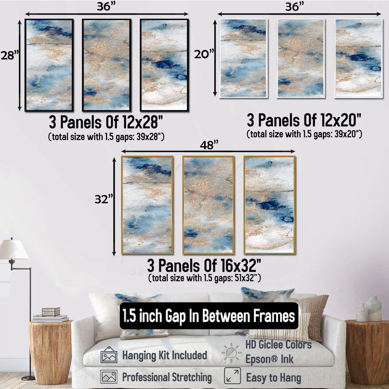 «Blue and Gold Marble Clouds I», reproduction de cadre flottant sur toile 3 pièces, H 32 po x l 48 po, Noir