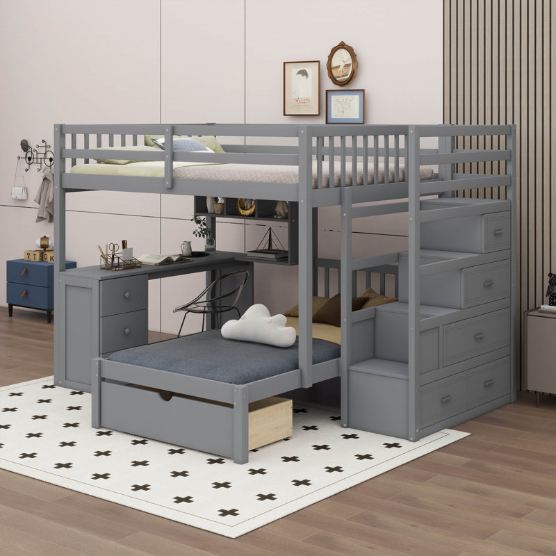 Lit superposé Jasniak avec bureau, tiroirs et tablettes, gris