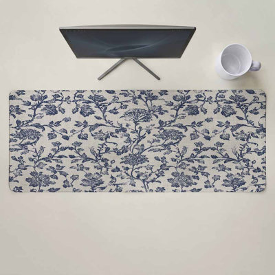Tapis de souris décoratif bleu à motif floral et à feuilles, idéal pour le jeu, le bureau et la souris. Style champêtre rétro, branches d'arbres. Base antidérapante. Dimensions : 30 x 70 cm. Livré avec une tasse blanche.
