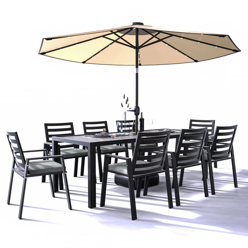 Table de salle à manger rectangulaire d'extérieur à lattes et 8 chaises en aluminium Letendre, Noir anthracite