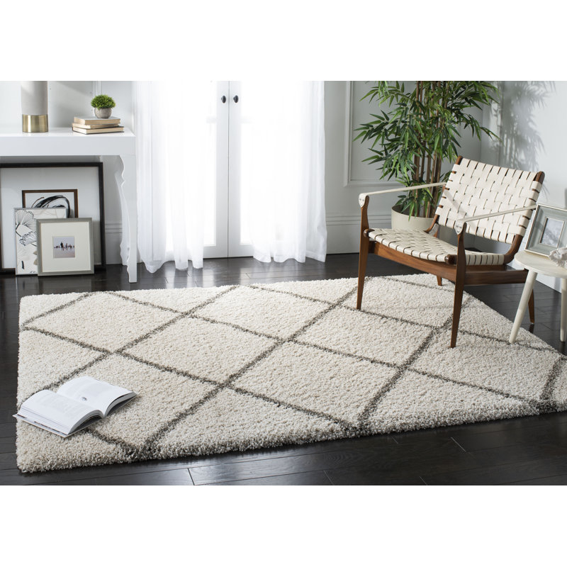 Darrold Shag Performance Geometric Rug, Ultra Plush 1.81", Rectangle 5'3" x 7'6", Ivory/Gray