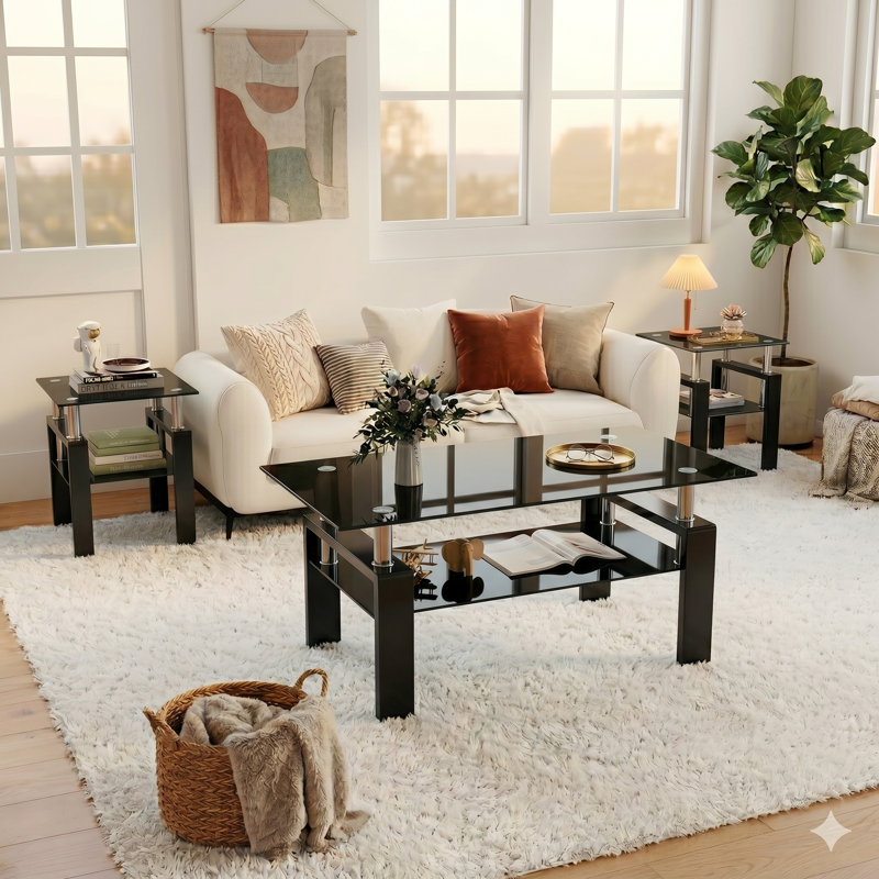 Esbeidy 3-Piece Living Room Table Set with Glass Top, Metal Legs & 2-Tier Storage Shelves, Includes 1 Coffee Table & 2 End Tables