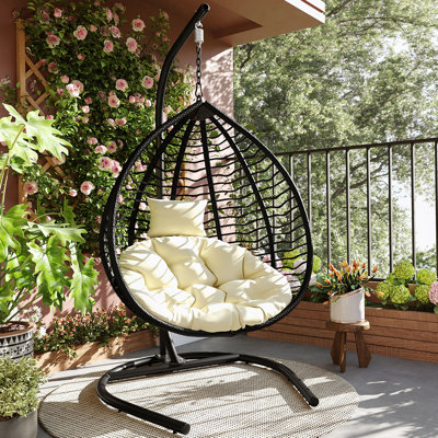 U_STYLE Chaise hamac suspendue d'extérieur pour l'intérieur avec support, balancelle pliable en rotin avec cadre en fer, coussin moelleux et appui-tête amovible