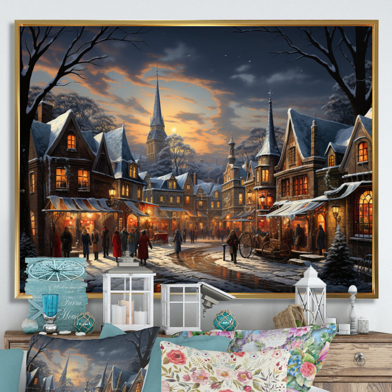 «Winter Village Carnival III», impression d'art mural, H 34 po x l 44 po x P 1,5 po, Cadre flottant doré