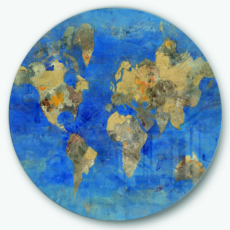 Bleu doré, carte du monde - peinture, cercle métallique, H 23 po x l 23 po x P 1 po