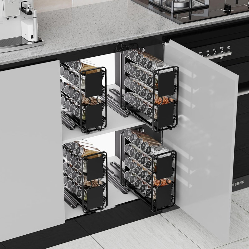 Étagère à épices escamotable avec 20 pots - Conception ajustable orientée vers la gauche ou la droite, rangement de cuisine coulissant à 4 niveaux pour comptoir ou fixation murale, avec étiquettes et marqueur à craie