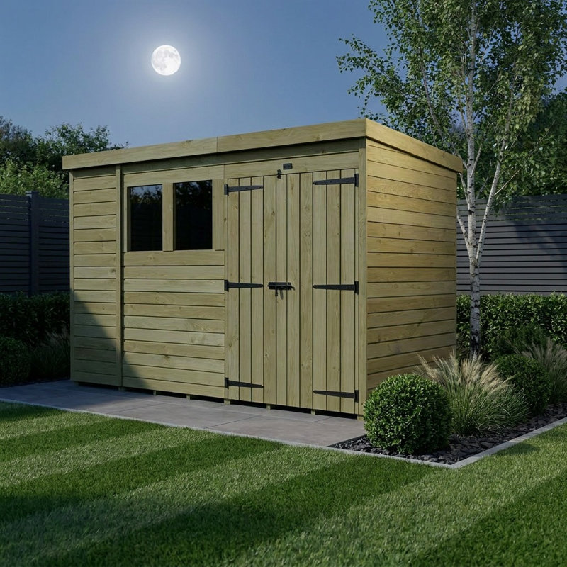 Total Sheds 10ft x 4ft Pent Garden Shed - Double Door - With Windows - Pressure Treated Timber - UK Manufactured