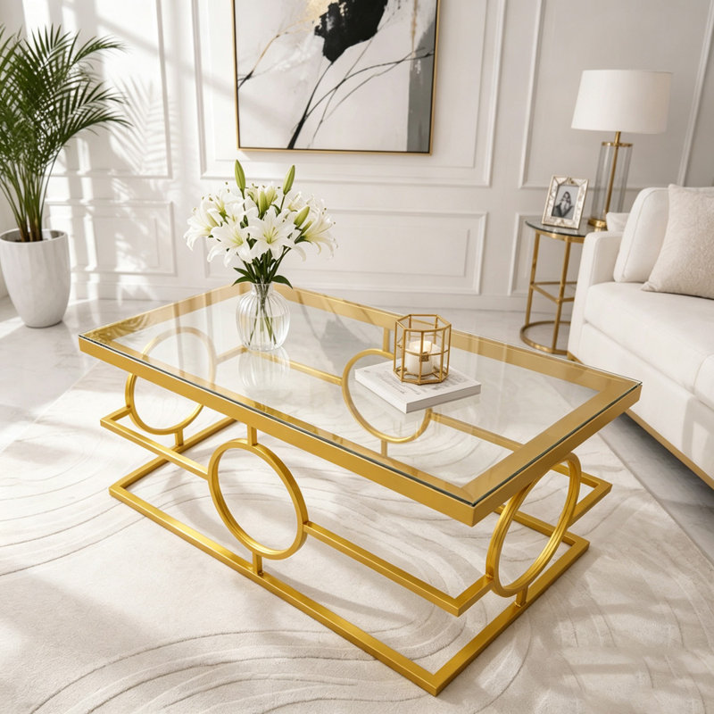 Table basse moderne en verre doré avec piètement géométrique, 37.71 lbs, Transparent