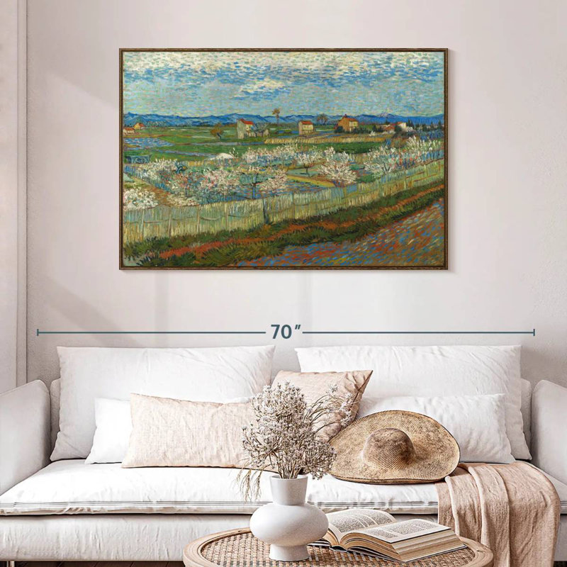 Pêcher en fleur, 46 po x 31 po, Cadre flottant en noyer
