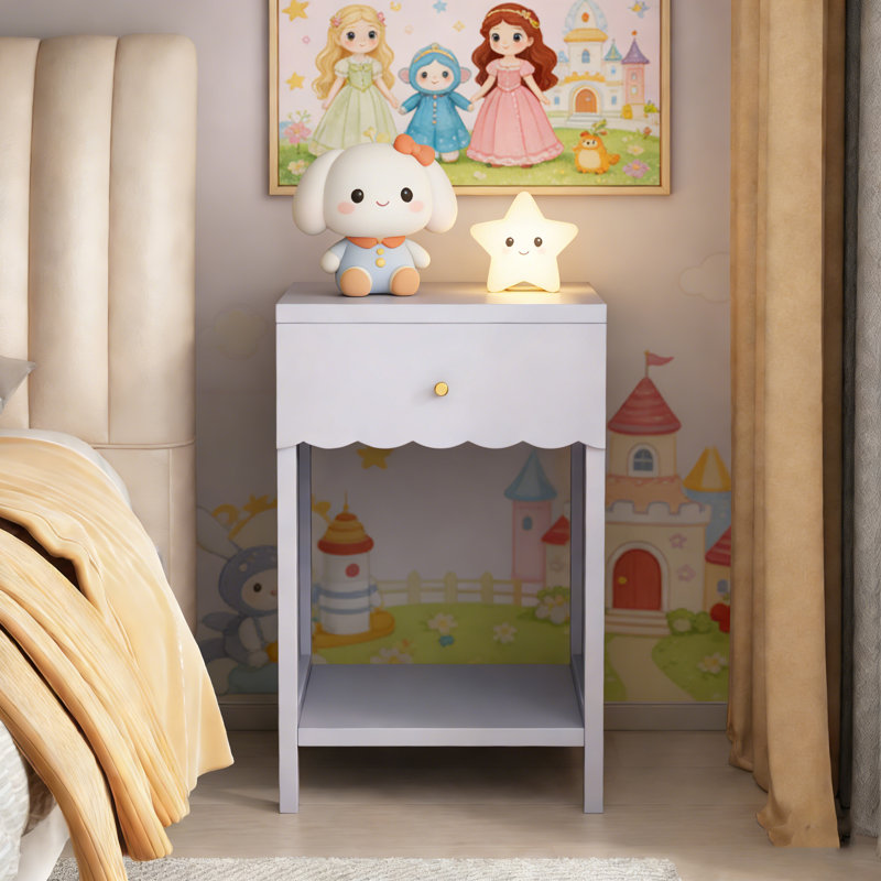 Scalloped Edge Modern Bedside Table – Minimalist Nightstand With Drawer & Open Shelf For Kids’ Room & Girls’ Bedroom