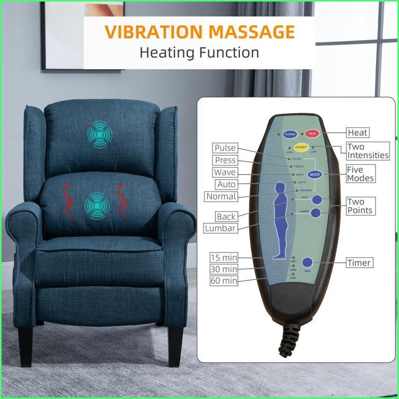 Fauteuil inclinable avec massage et amp; Chaleur, conception à oreilles avec télécommande | Bleu | Polyester