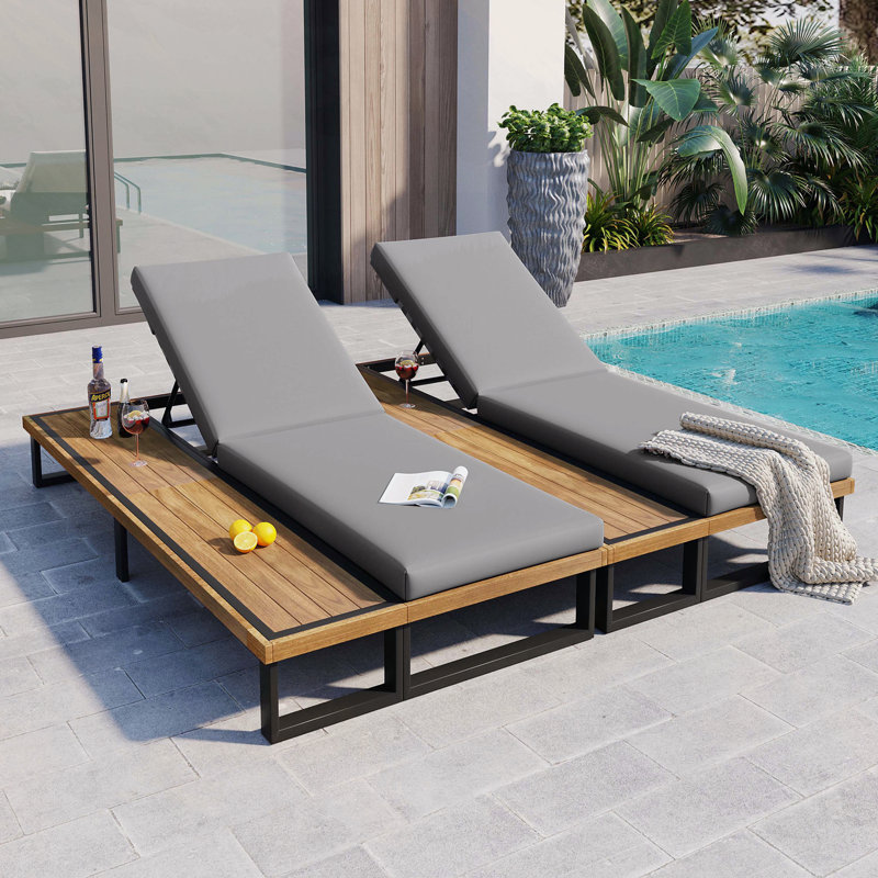Outdoor Chaise Lounge Chair Set of 2 with 5-Position Adjustable Backrest , Reclinings with Cushions, Patio Loungers with Wood Side Table, Sturdy Frame for Poolside, Garden, and Backyard