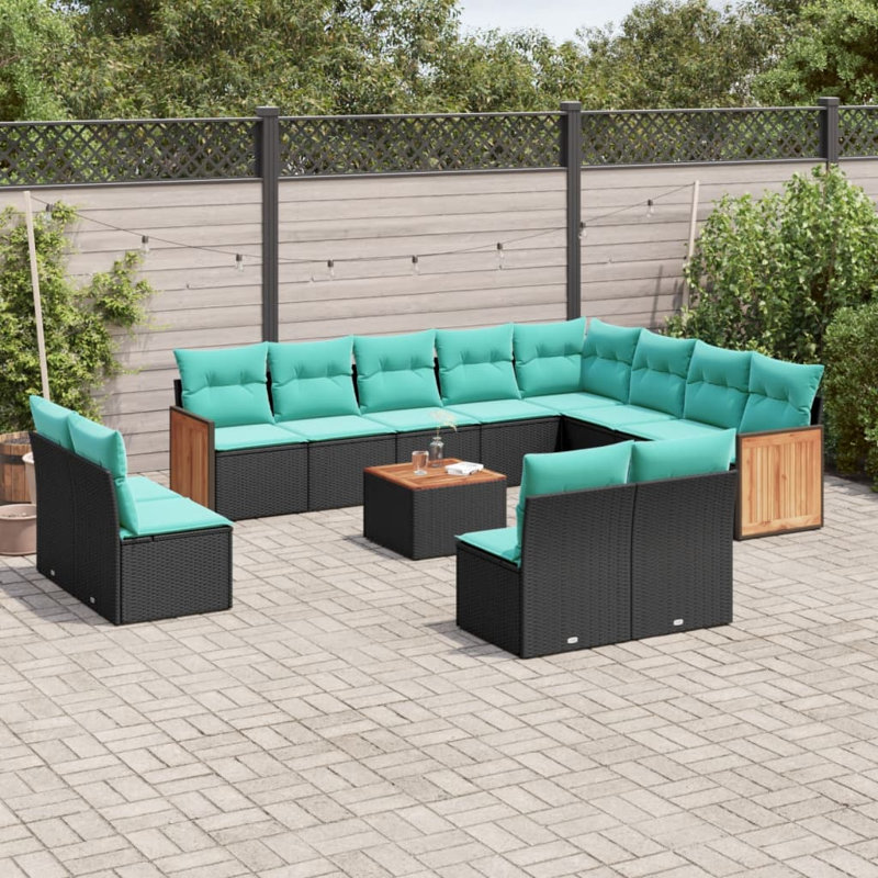 Ensemble de canapé de patio 13 pièces avec coussins en rotin de polyester, Bleu clair, Noir