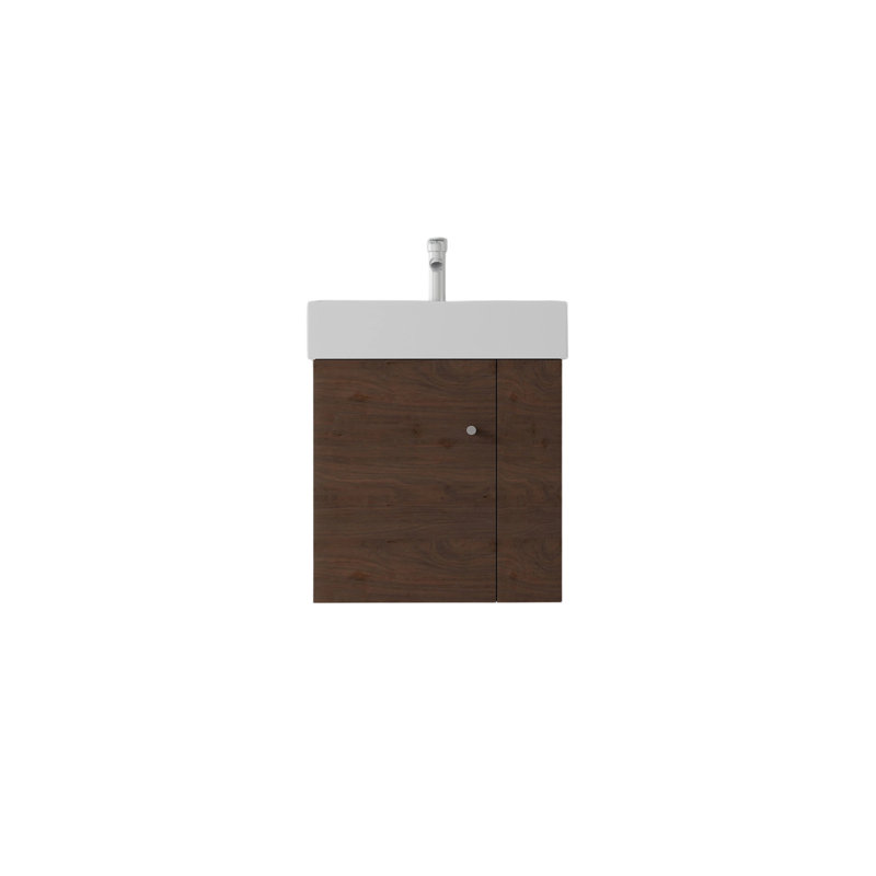 Meuble-lavabo flottant 21,6 po avec lavabo, porte à fermeture en douceur, lavabo en céramique, contreplaqué, Brun