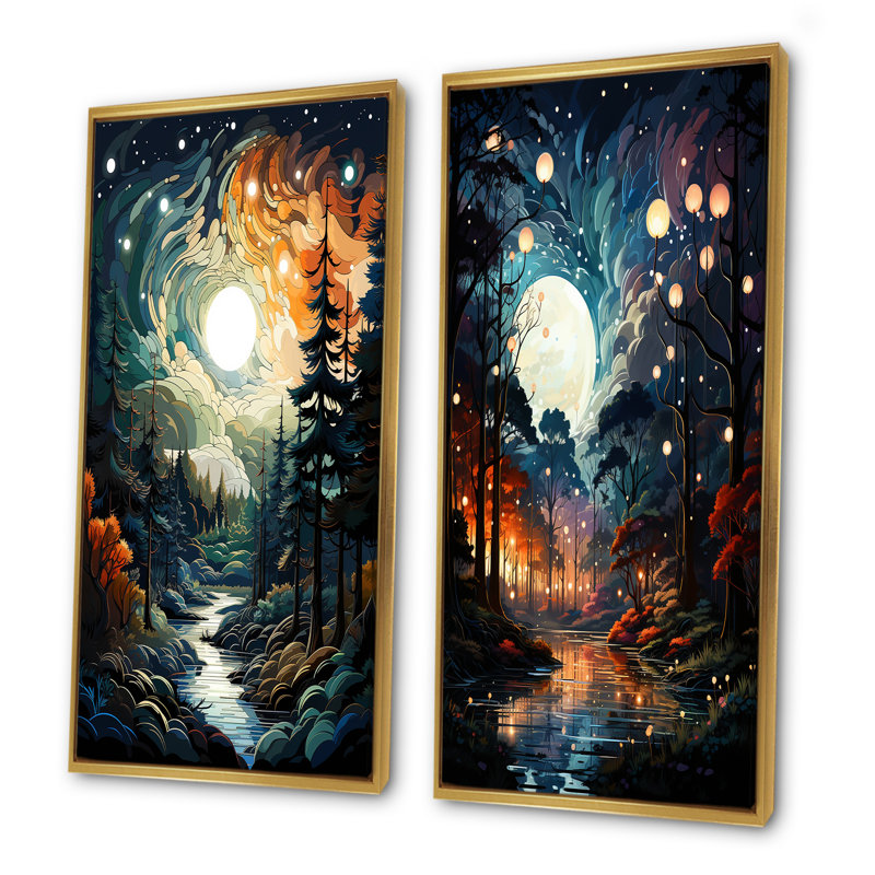 «Moonlight River Into The Forest I», ensemble de 2 reproductions d'art mural, Encadrement doré, H 32 po x l 33 po