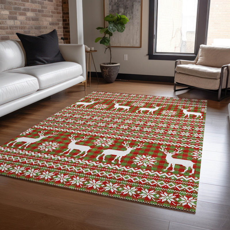 Machine Washable Indoor/Outdoor Christmas Reindeers Xhevrie Fern Rug, Rectangle 8' x 10'