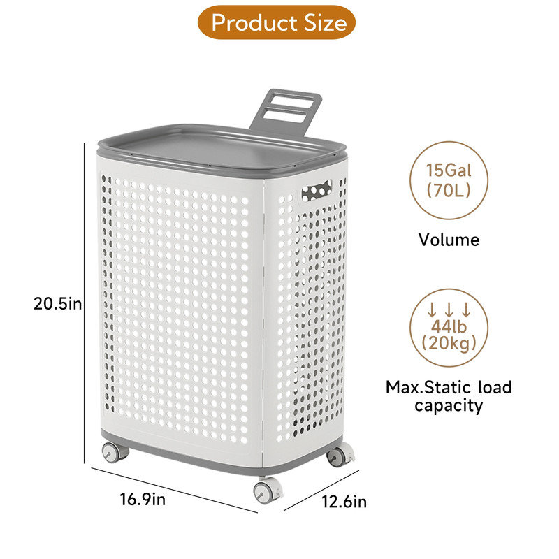 Laundry Basket with Wheels and Lid, 15-Gallon Capacity Clothes Hamper Organizer with Ventilation, Mobile Storage for Bedroom and Bathroom