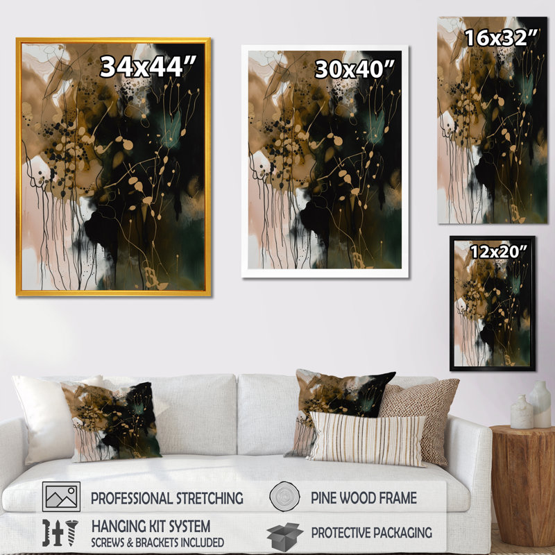 Chaos noir II - art mural abstrait sur toile, Cadre photo noir, L 12 po x H 20 po
