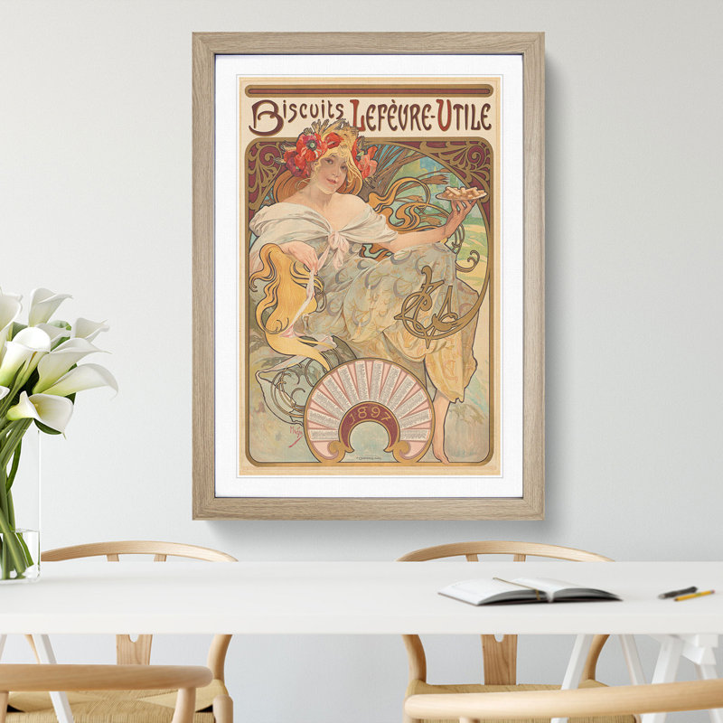 Biscuits Lefevre by Alphonse Mucha - Picture Frame Graphic Art, 48cm H x 36cm W x 2cm D, Oak