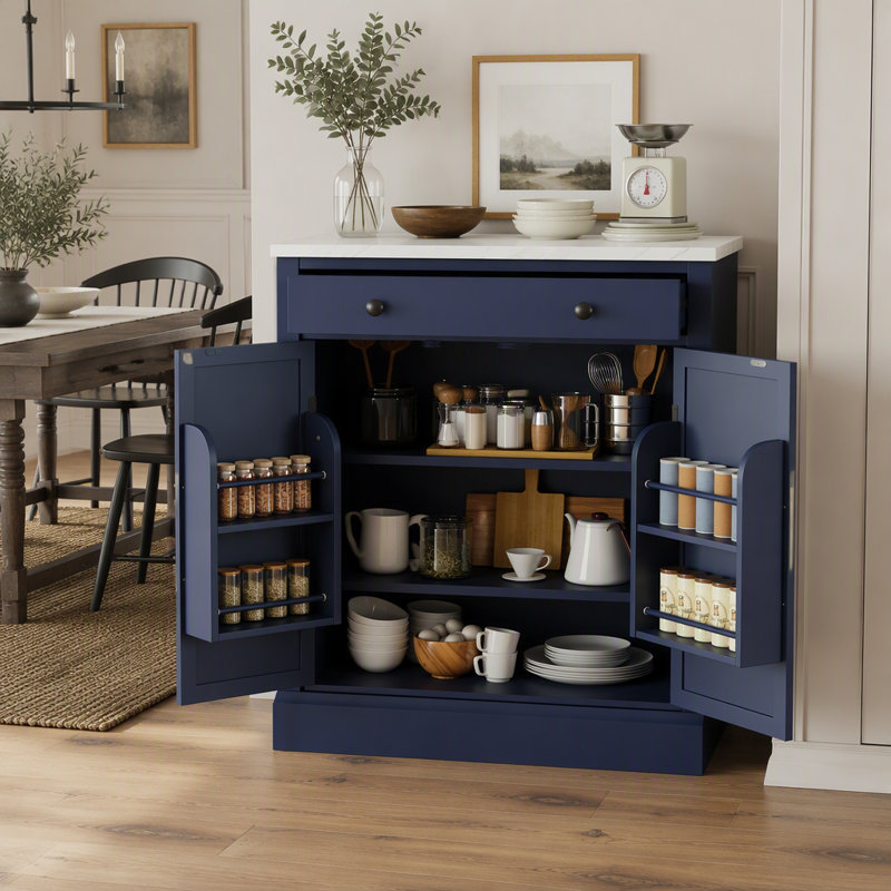 Ensemble de 2 armoires de cuisine modernes de 74 cm (29 po) avec tiroirs et tablettes de porte., Blue, Black