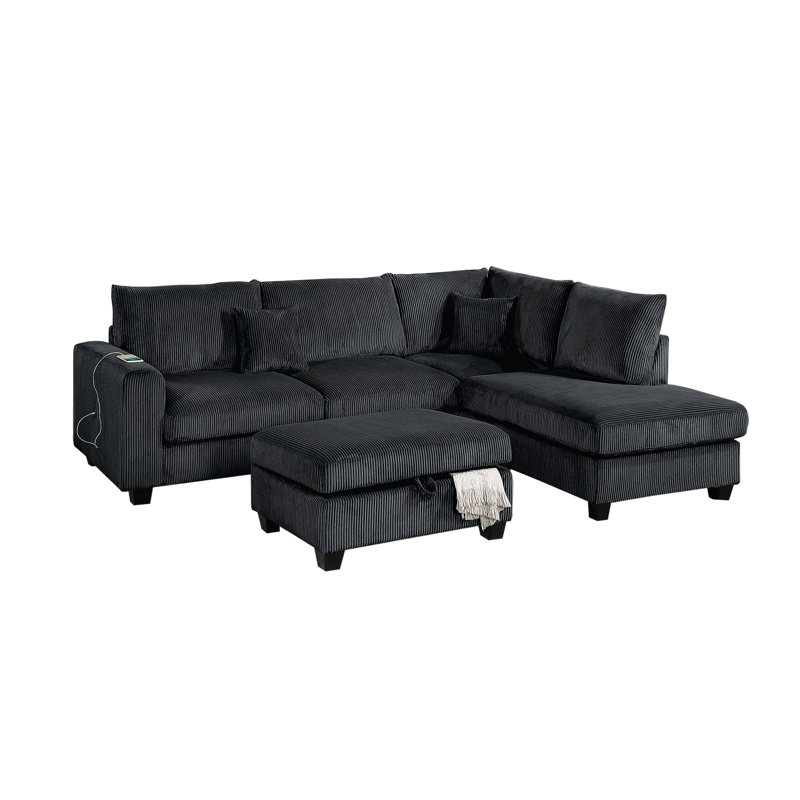 Modern Style 3Pc Sectional Set Usb Port Storage Ottoman Right Arm Chaise Left Arm Sofa Black Finish Primary Living Room