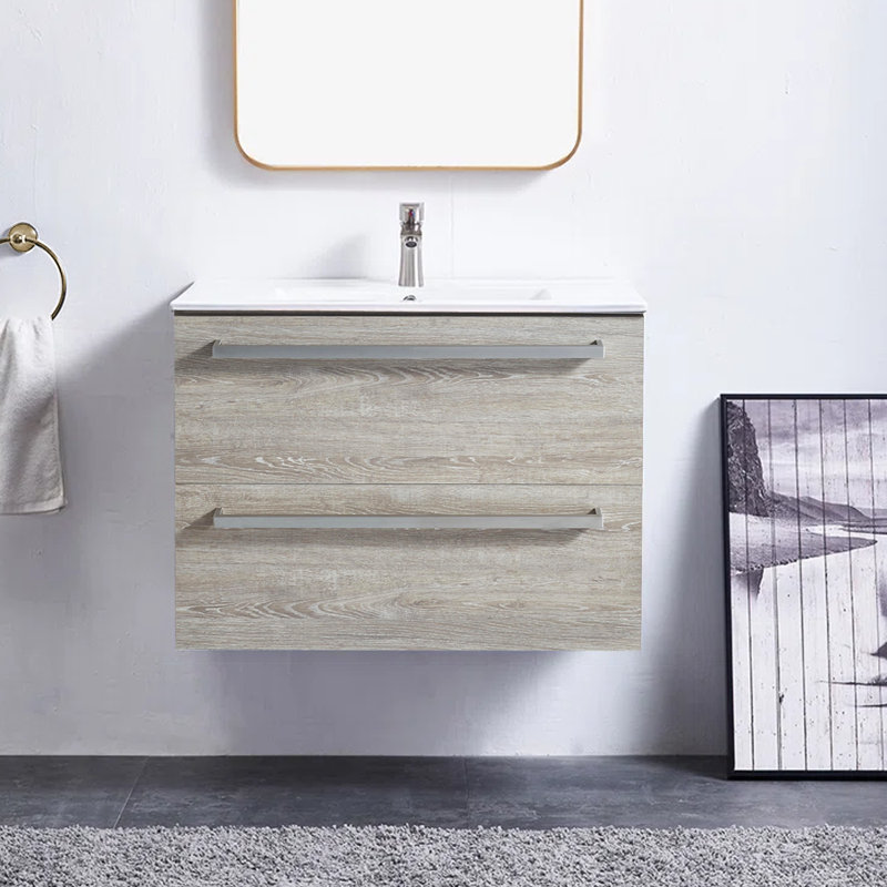 Meuble-lavabo mural simple en bois grain de bois 30 po avec plateau en céramique Syracuse