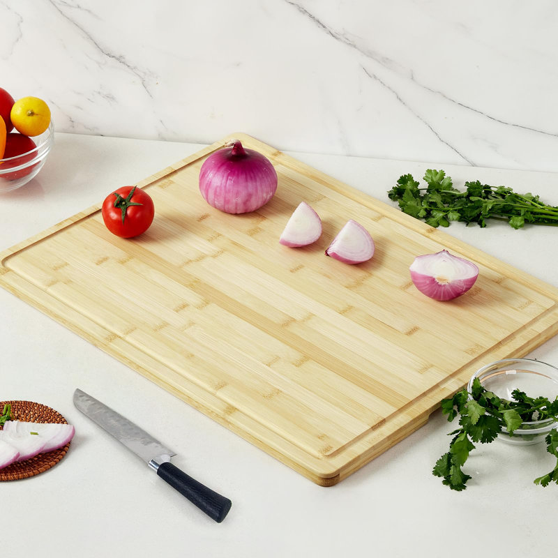 Très grande planche à découper en bambou, planche à découper en bois pour la cuisine, bloc de boucher avec rainure à jus et poignées
